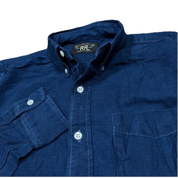 Ralph Lauren RRL Oxford Shirt Indigo Blue Button Down XS Distressed Workwear - Picture 1 of 10